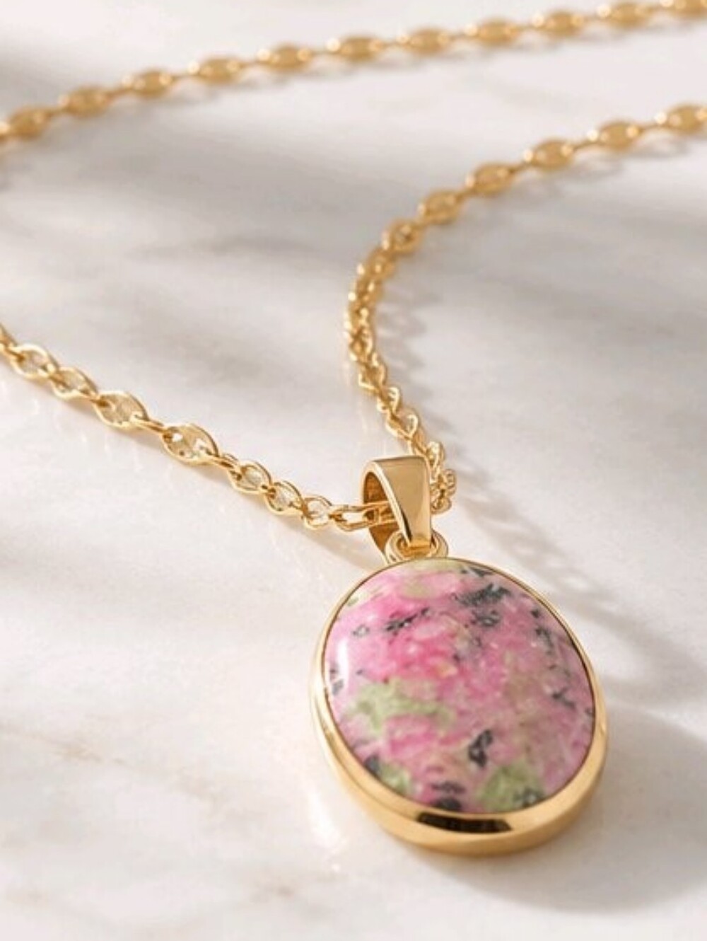 18K Gold Plated Ruby Zoisite Oval Pendant Necklace Non Tarnish